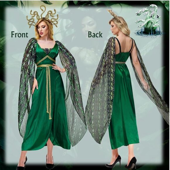 Medusa Costume Women Green Dress with Snake Headpiece Halloween Cosplay Size M - Picture 3 of 5